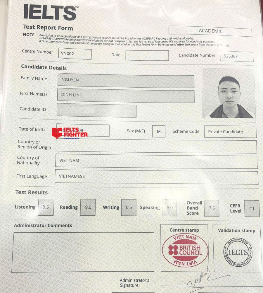chứng chỉ Nguyễn Đ&igrave;nh Linh 7.5 IELTS