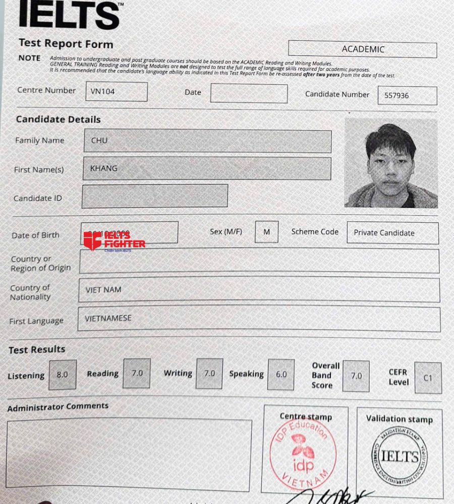 chứng chỉ Chu Khang 7.0 IELTS