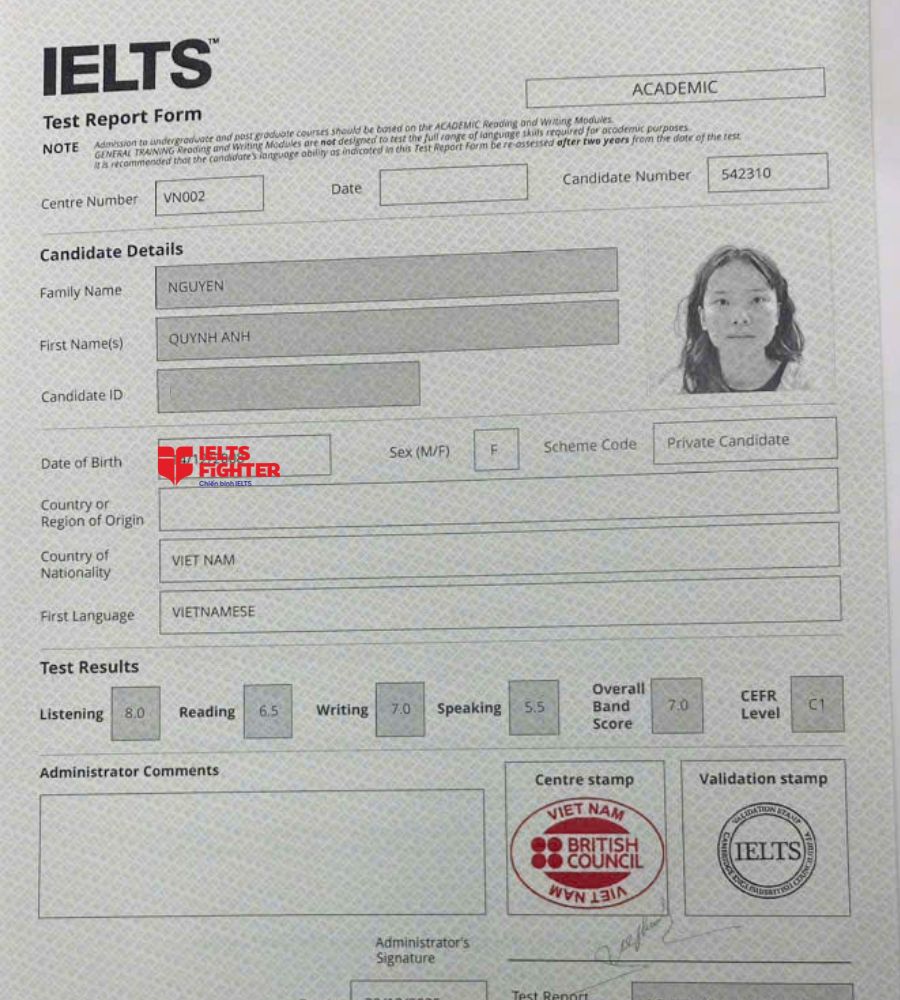 chứng chỉ Nguyễn Quỳnh Anh  7.0 IELTS