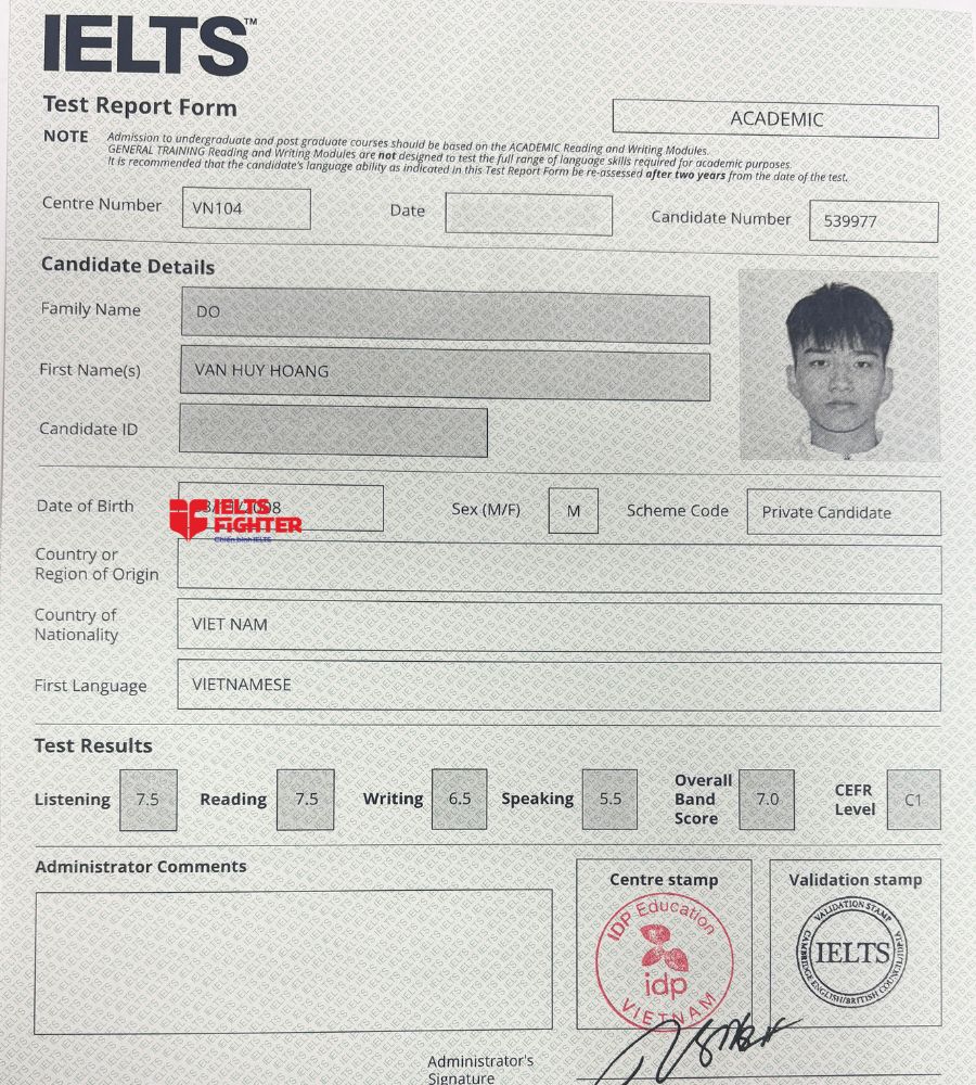 chứng chỉ Đỗ Văn Huy Ho&agrave;ng  7.0 IELTS