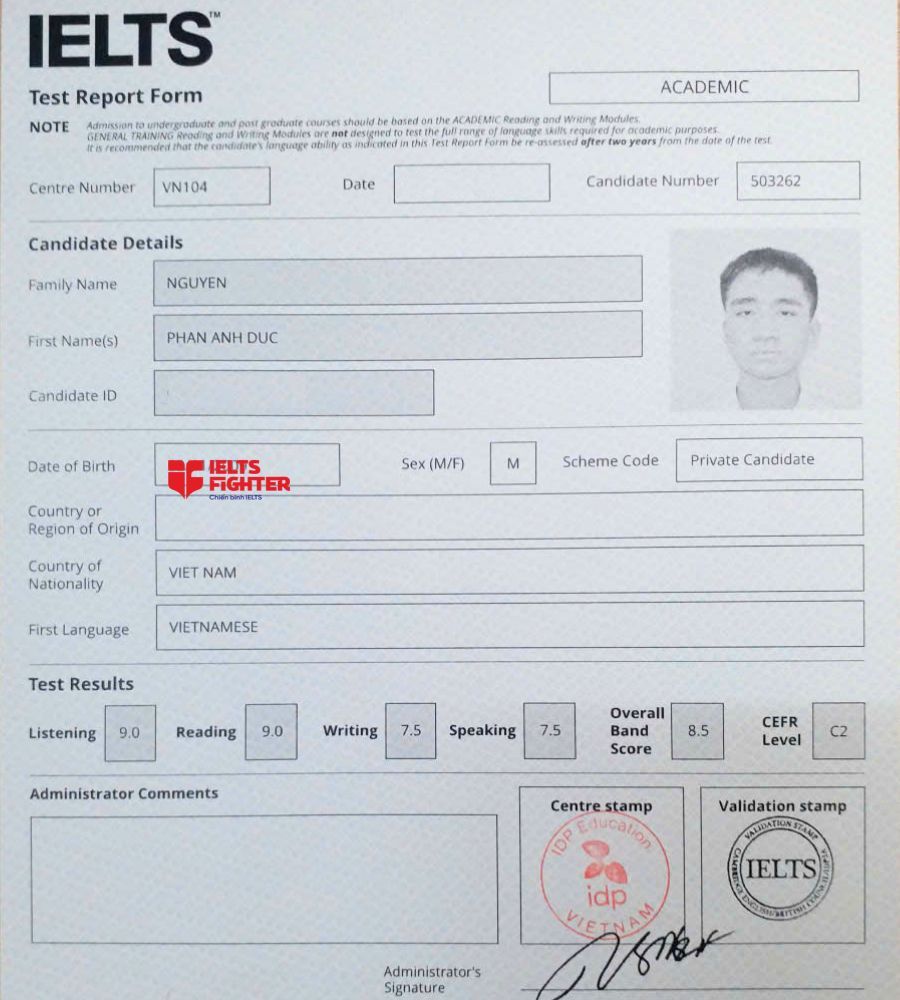 chứng chỉ Nguyễn Phan Anh Đức  8.5 IELTS