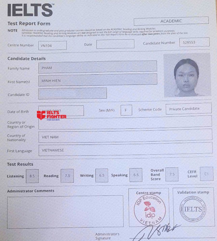 chứng chỉ Phạm Minh Hiền 7.5 IELTS