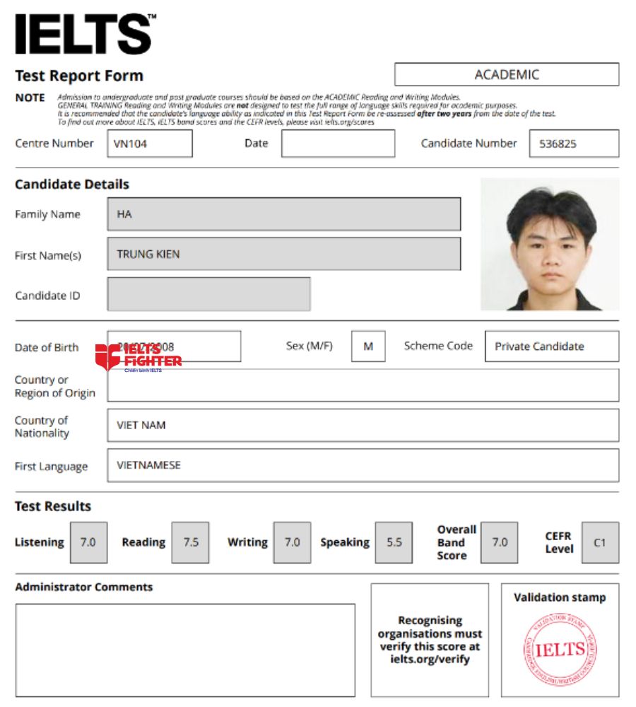 chứng chỉ H&agrave; Trung Ki&ecirc;n 7.0 IELTS