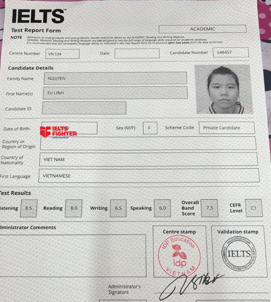 chứng chỉ Nguyễn T&uacute; Linh 7.5 IELTS