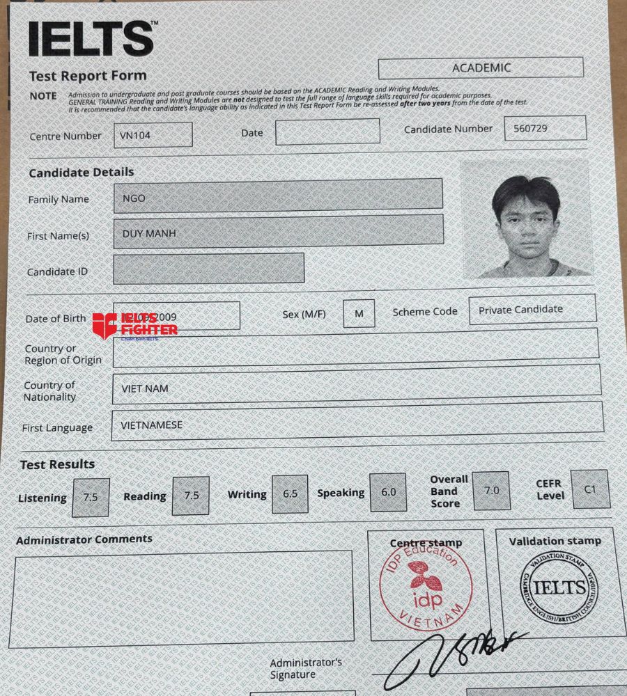 chứng chỉ Ng&ocirc; Duy Mạnh 7.0 IELTS