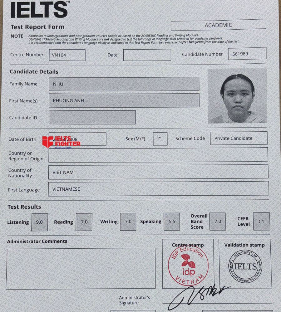 chứng chỉ Nhữ Phương Anh 7.0 IELTS