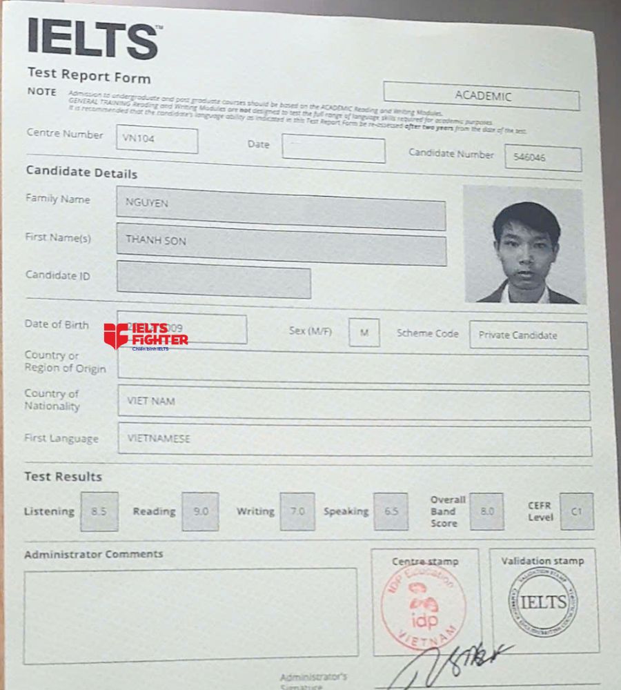 chứng chỉ Nguyễn Thanh Sơn  8.0 IELTS