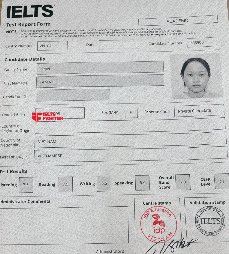 chứng chỉ Trần T&acirc;m Nhi  7.0 IELTS