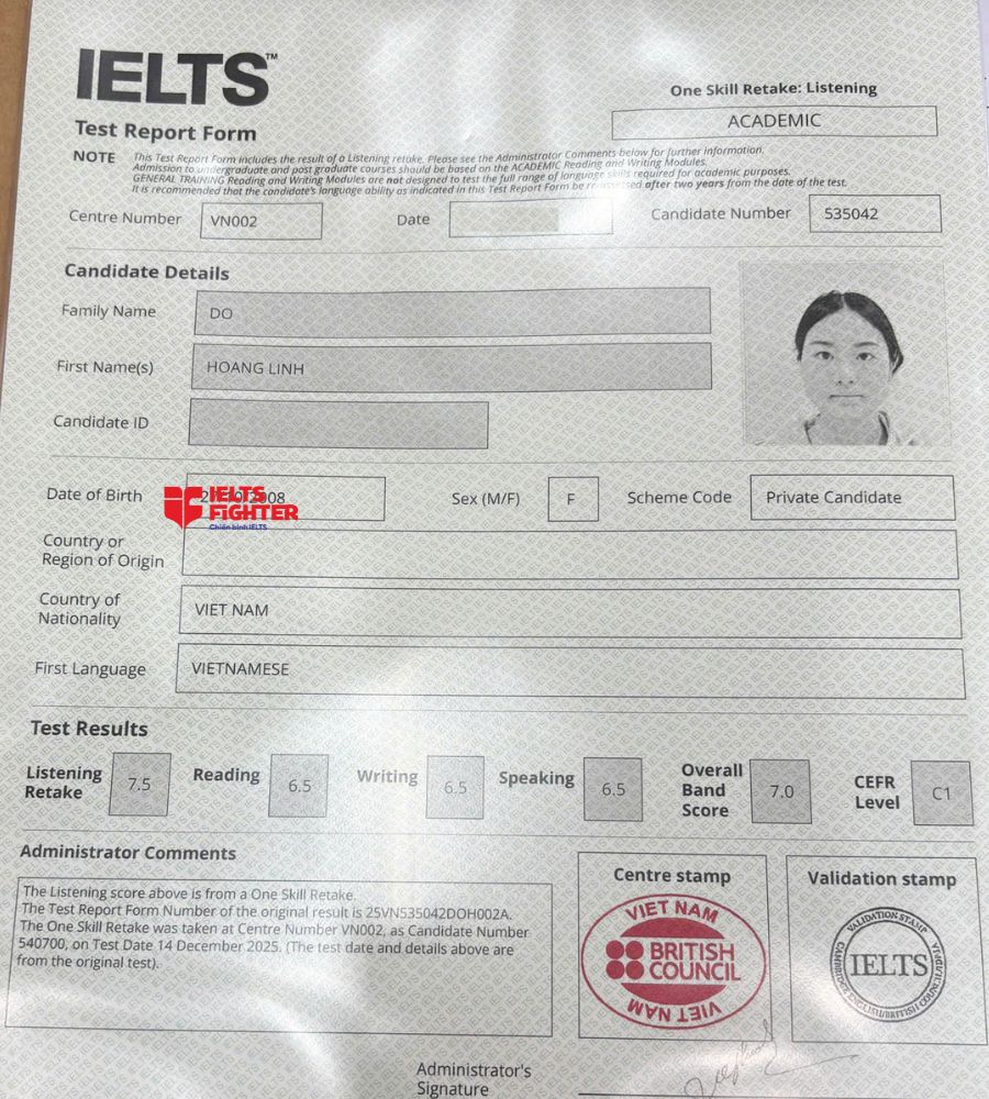 chứng chỉ Đỗ Ho&agrave;ng Linh  7.0 IELTS