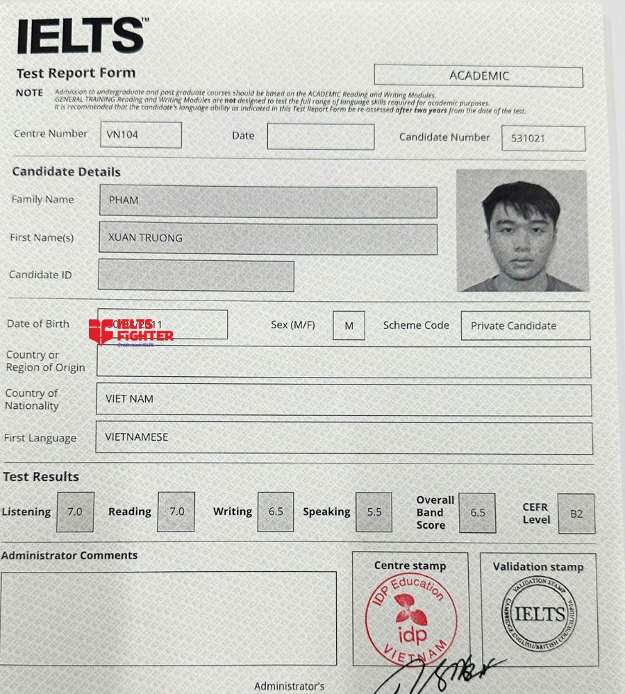 chứng chỉ Phạm Xuân Trường 6.5 IELTS