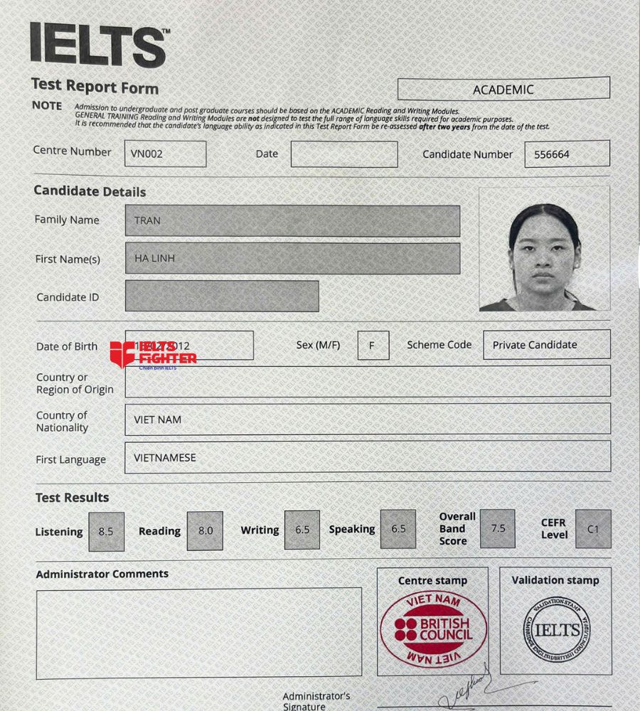 chứng chỉ Trần Hà Linh 7.5 IELTS