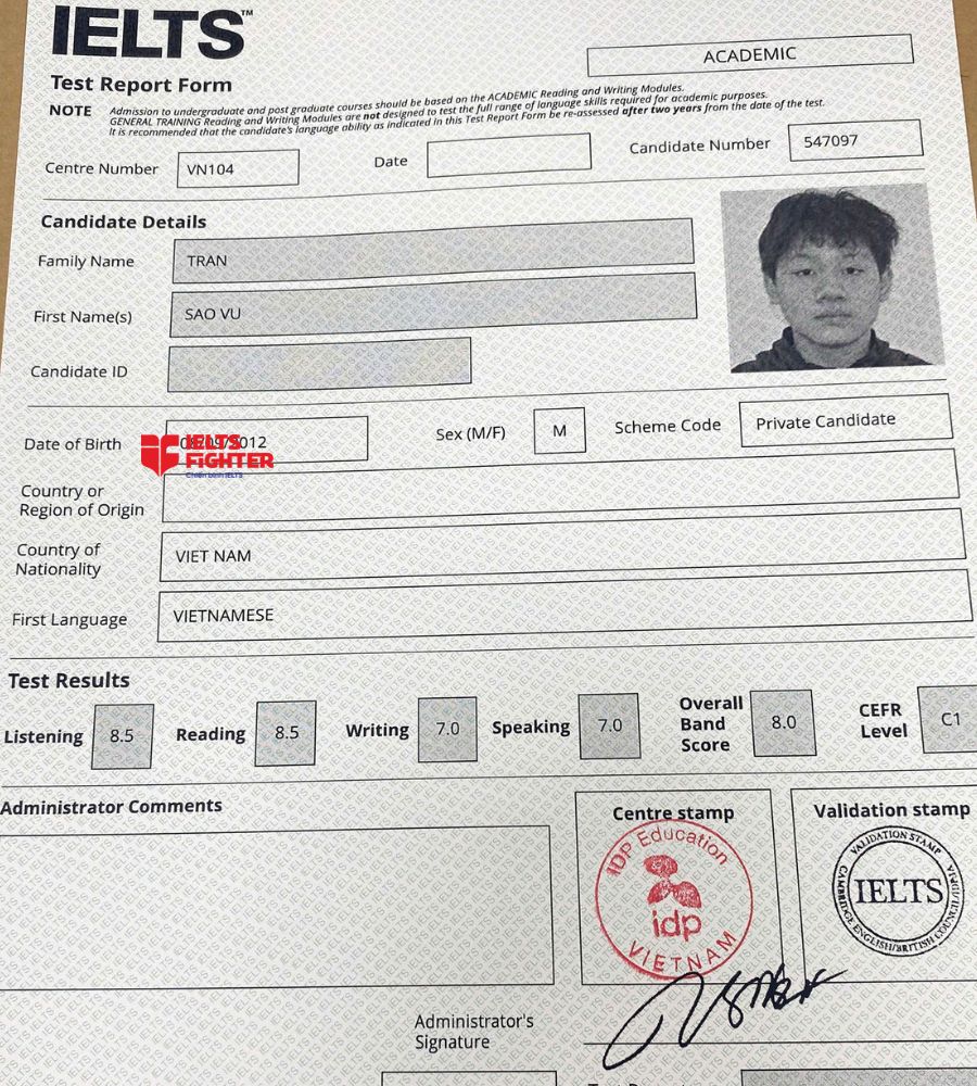 chứng chỉ Trần Sao Vũ 8.0 IELTS