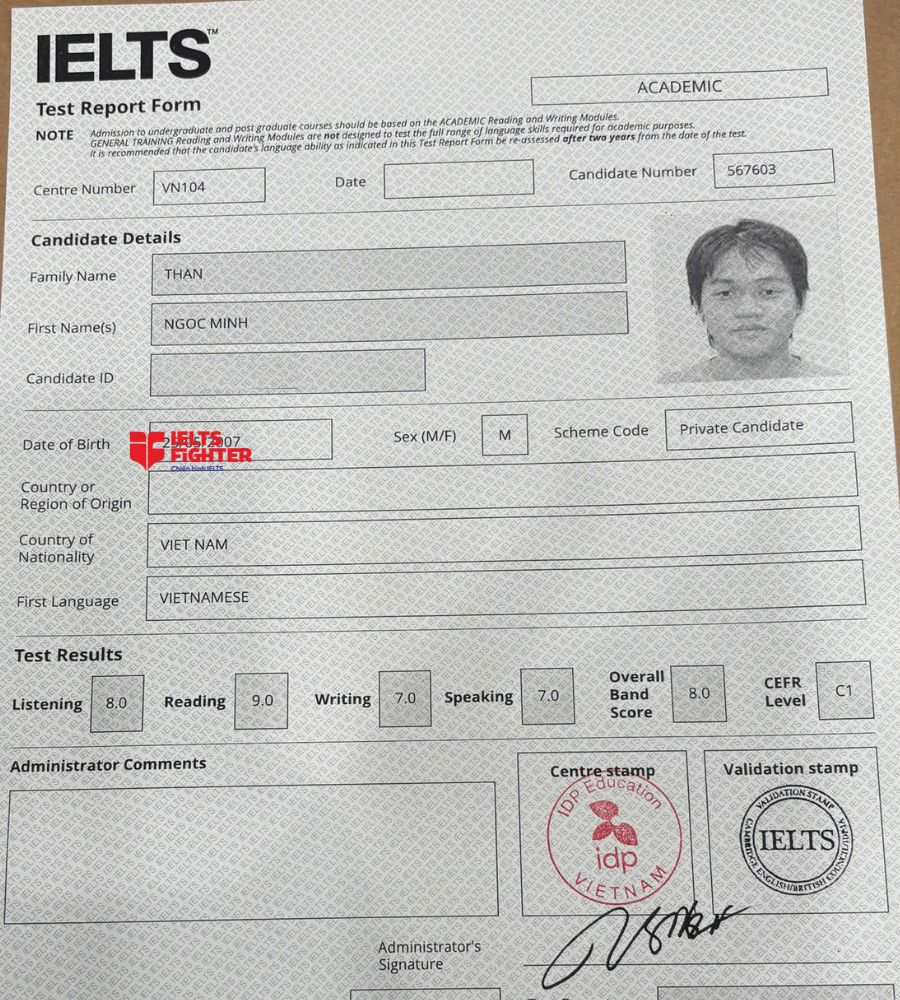 chứng chỉ Th&acirc;n Ngọc Minh 8.0 IELTS