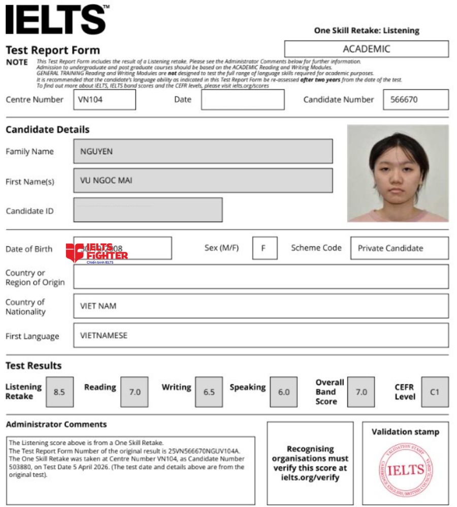chứng chỉ Nguyễn Vũ Ngọc Mai  7.0 IELTS