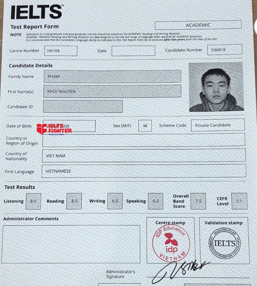 chứng chỉ Phạm Kh&ocirc;i Nguy&ecirc;n  7.5 IELTS