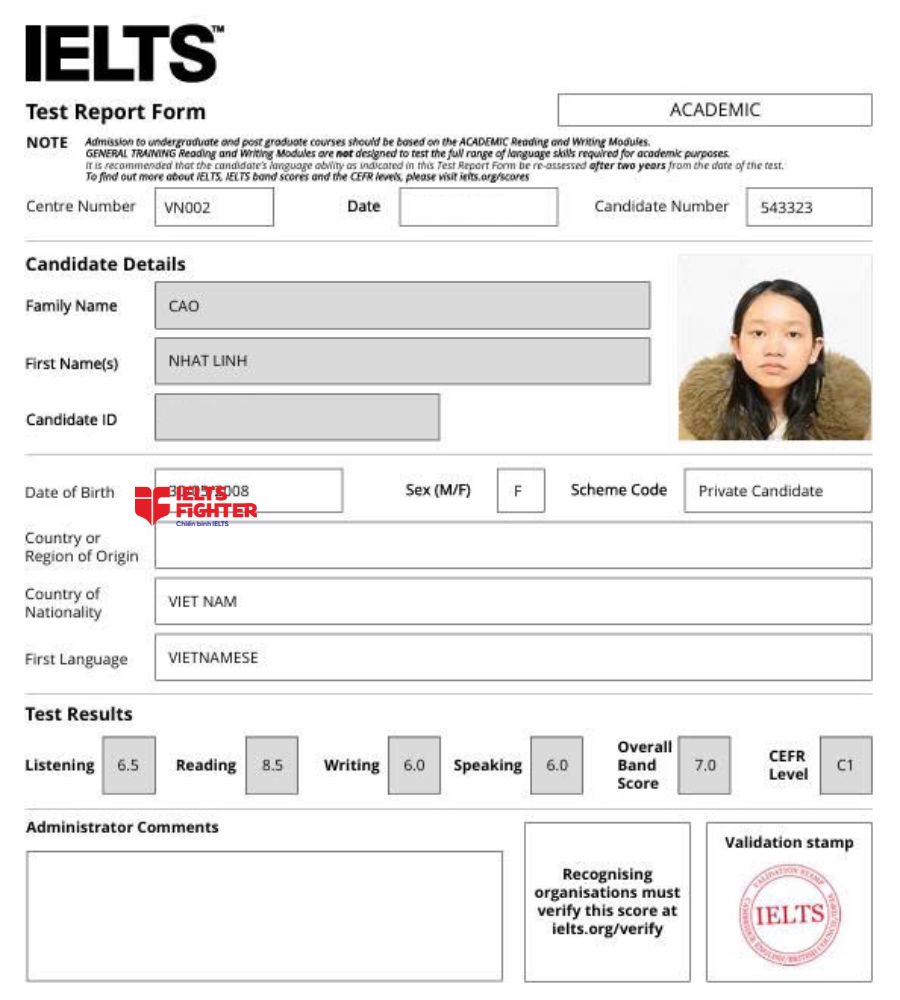 chứng chỉ Cao Nhật Linh 7.0 IELTS