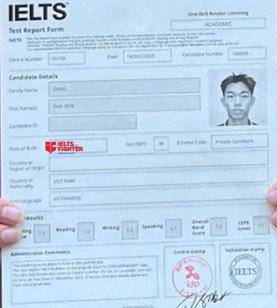 chứng chỉ Đặng Th&aacute;i Sơn 7.0 IELTS