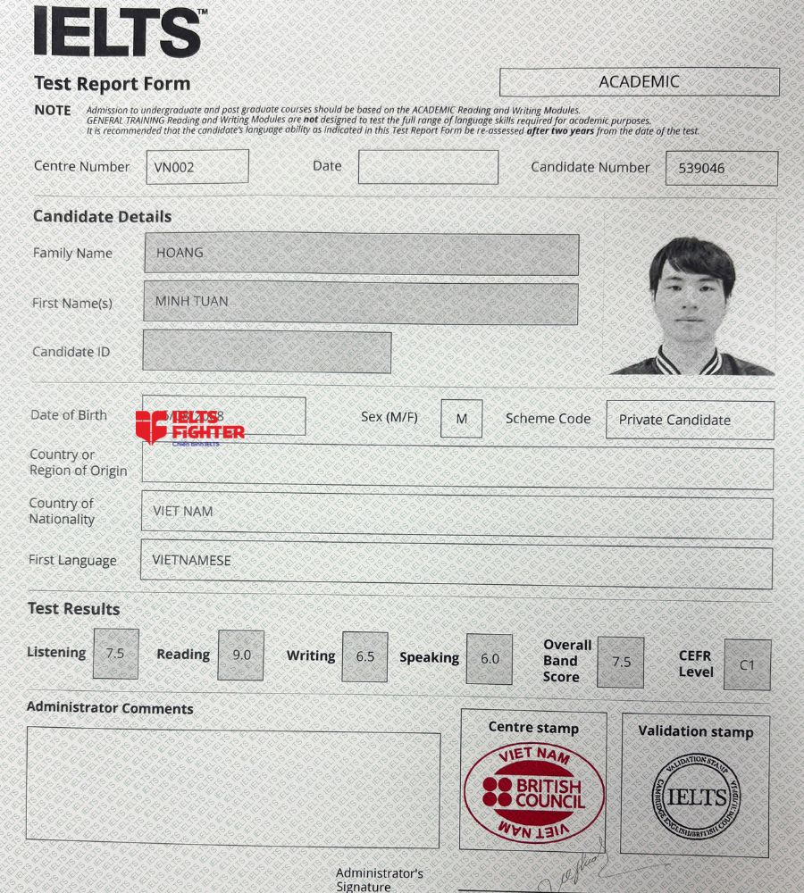 chứng chỉ Ho&agrave;ng Minh Tuấn 7.5 IELTS