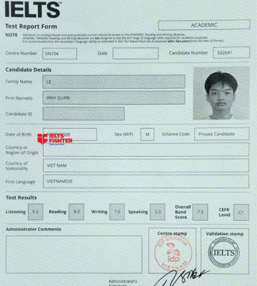chứng chỉ L&ecirc; Anh Qu&acirc;n 7.5 IELTS