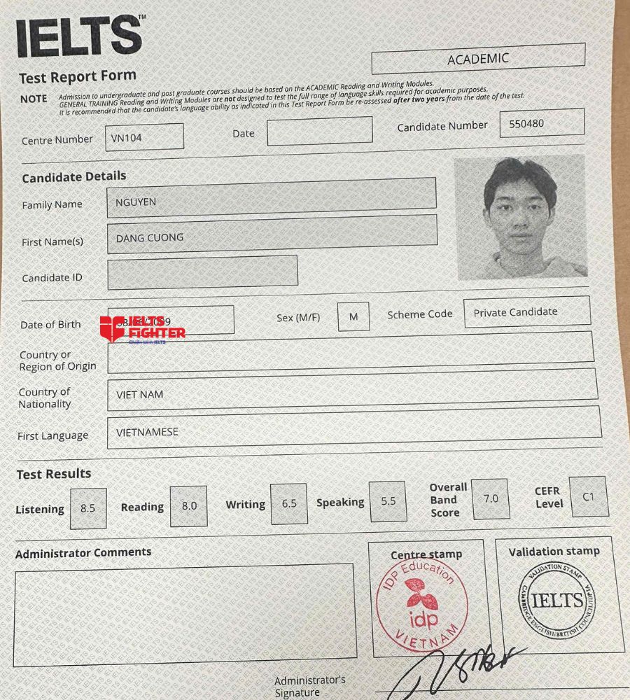 chứng chỉ Nguyễn Đăng Cương 7.0 IELTS