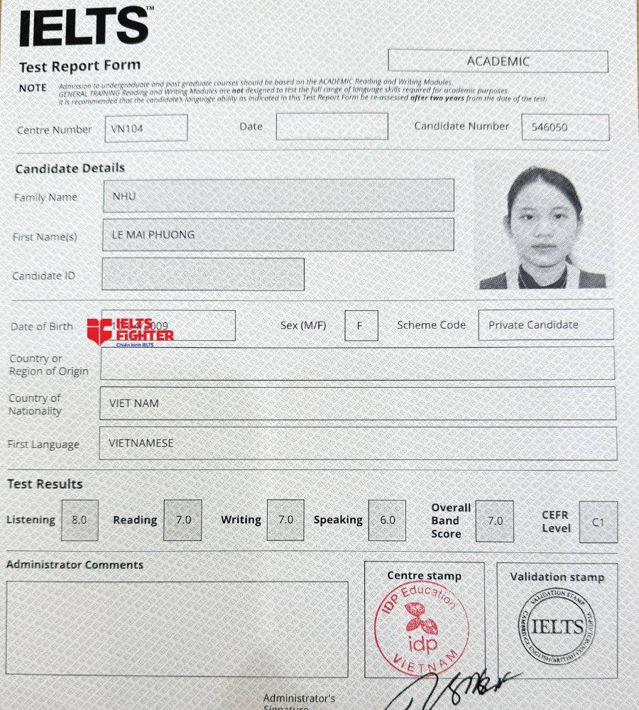 chứng chỉ Lê Nhữ Mai Phương 7.0 IELTS