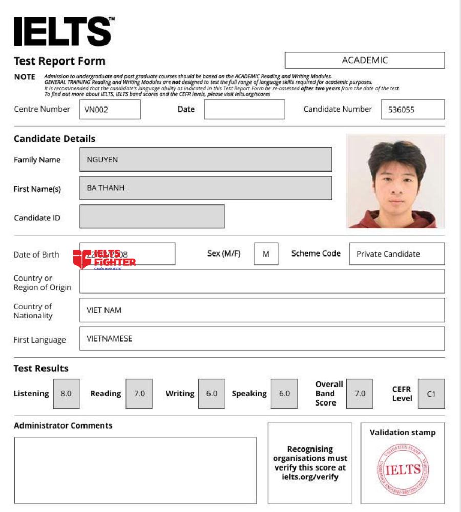 chứng chỉ Nguyễn Bá Thành 7.0 IELTS