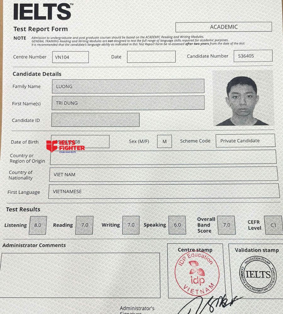 chứng chỉ Lương Tr&iacute; Dũng 7.0 IELTS