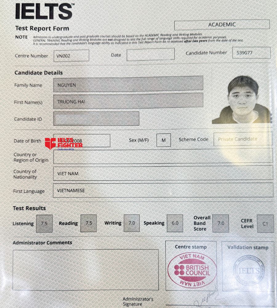 chứng chỉ Nguyễn Trường Hải 7.0 IELTS