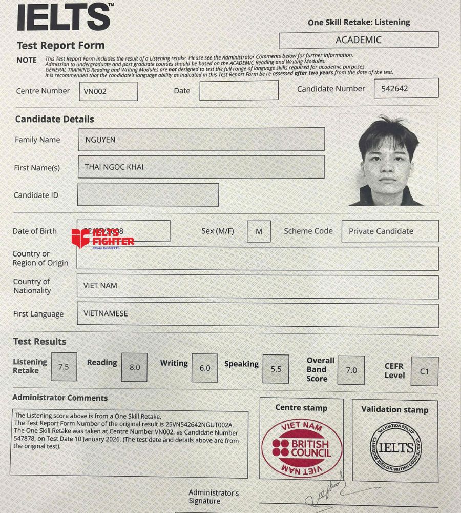 chứng chỉ Nguyễn Th&aacute;i Ngọc Khải 7.0 IELTS