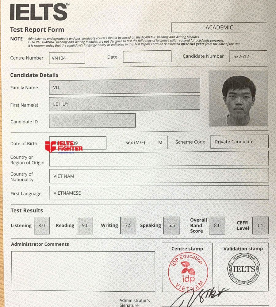 chứng chỉ Vũ L&ecirc; Huy 8.0 IELTS