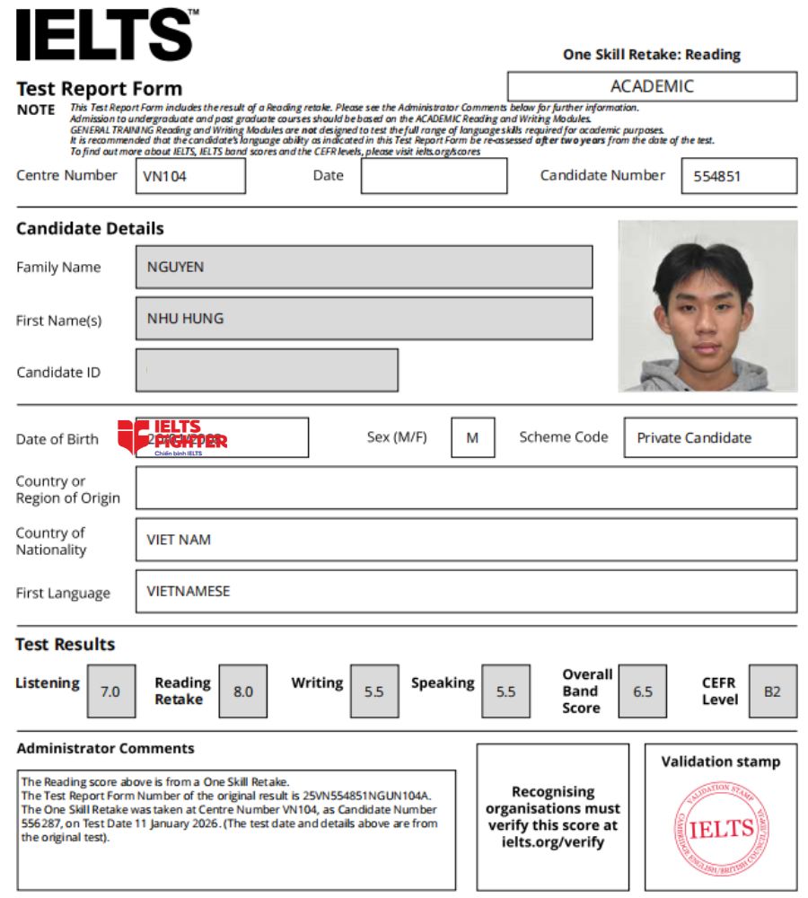 chứng chỉ Nguyễn Như H&ugrave;ng 6.5 IELTS