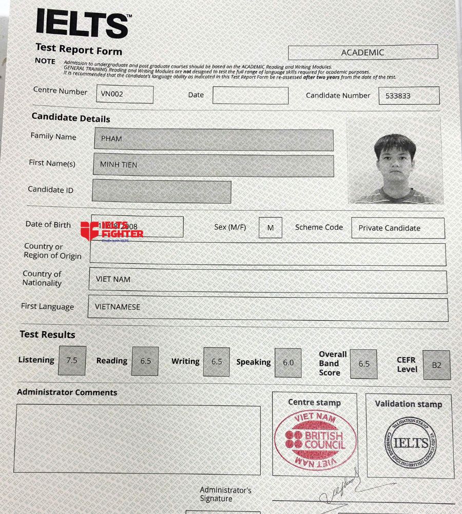 chứng chỉ Phạm Minh Tiến 6.5 IELTS