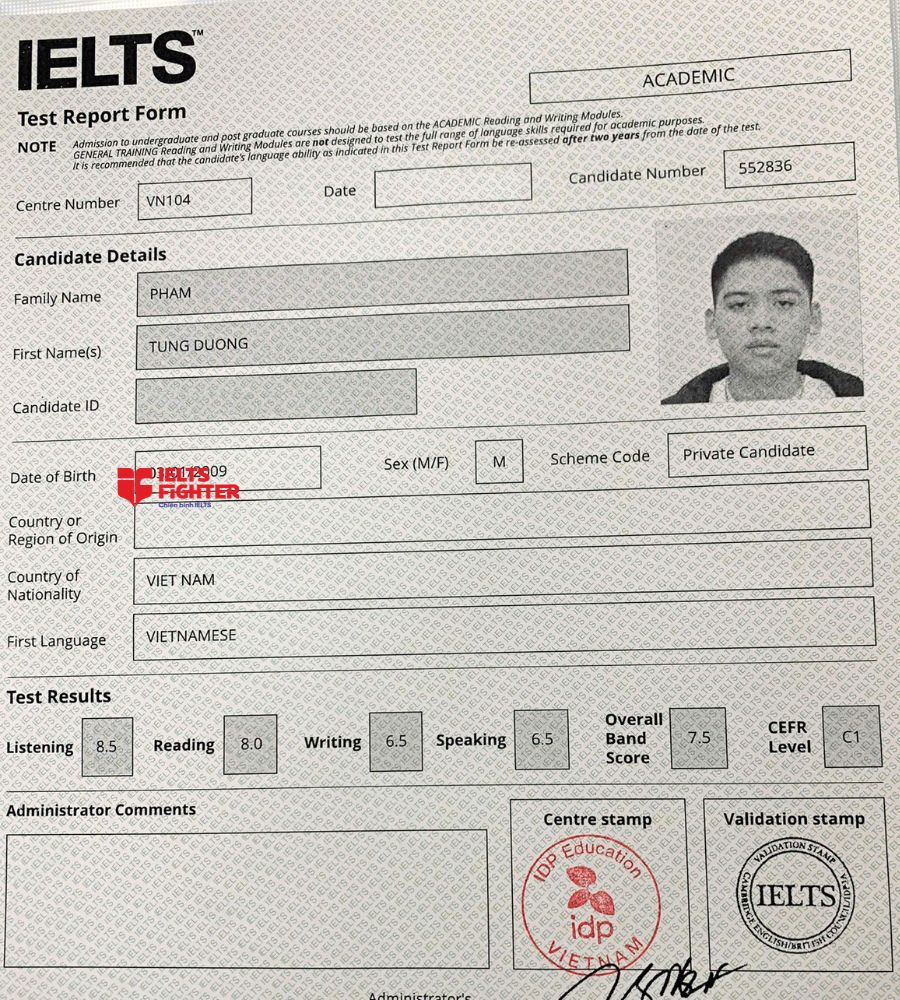 chứng chỉ Phạm T&ugrave;ng Dương 7.5 IELTS