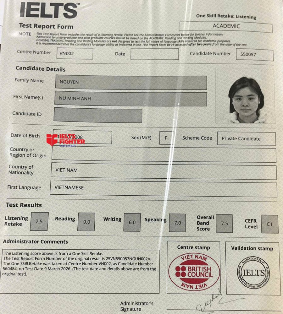 chứng chỉ Nguyễn Nữ Minh Anh 7.5 IELTS
