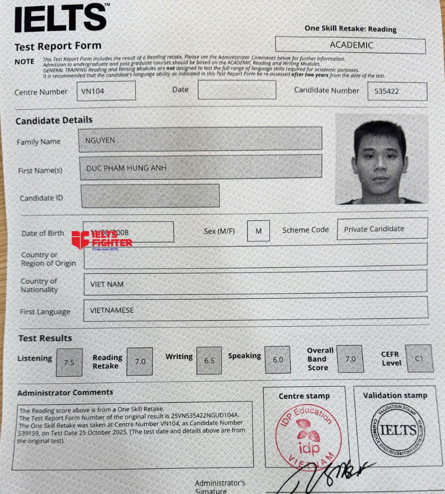 chứng chỉ Nguyễn Đức Phạm H&ugrave;ng Anh 7.5 IELTS