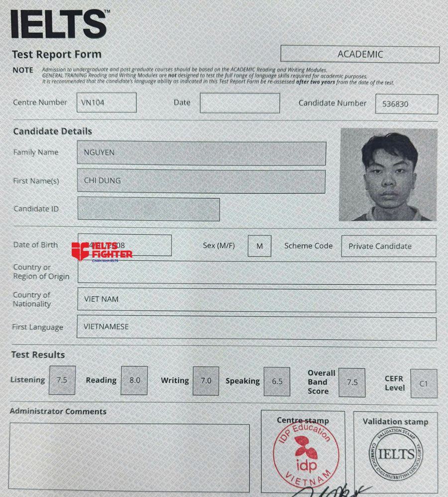 chứng chỉ Nguyễn Ch&iacute; Dũng 7.5 IELTS