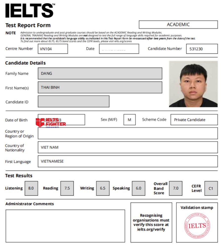bằng Đặng Th&aacute;i B&igrave;nh 7.0 IELTS