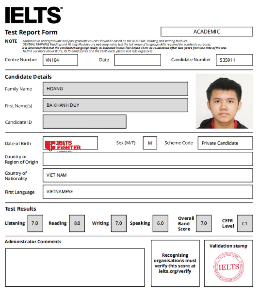 chứng chỉ Hoàng Bá Khánh Duy 7.0 IELTS