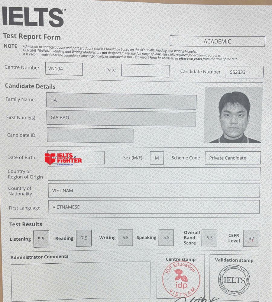 chứng chỉ H&agrave; Gia Bảo 6.5 IELTS