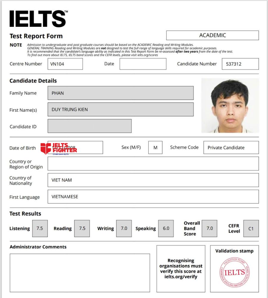 chứng chỉ Phan Duy Trung Kiên 7.0 IELTS