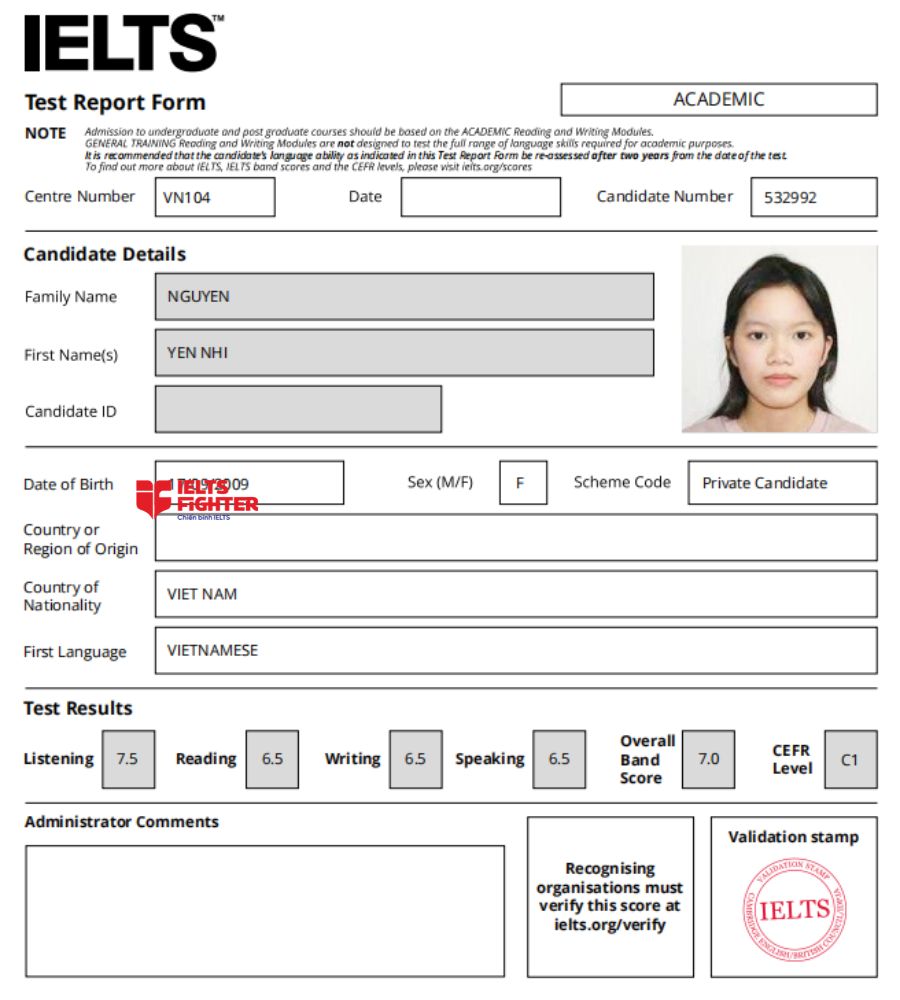 chứng chỉ Nguyễn Yến Nhi 7.0 IELTS