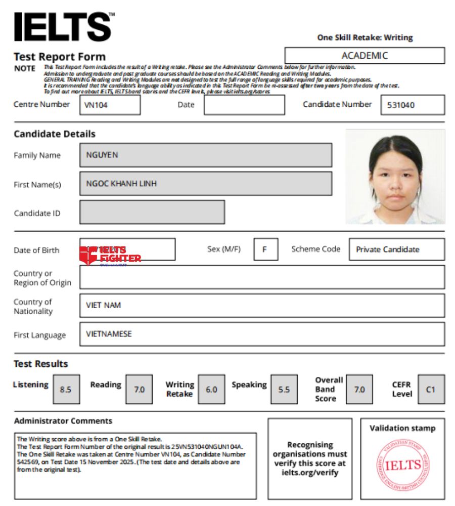 chứng chỉ Nguyễn Ngọc Khánh Linh 7.0 IELTS