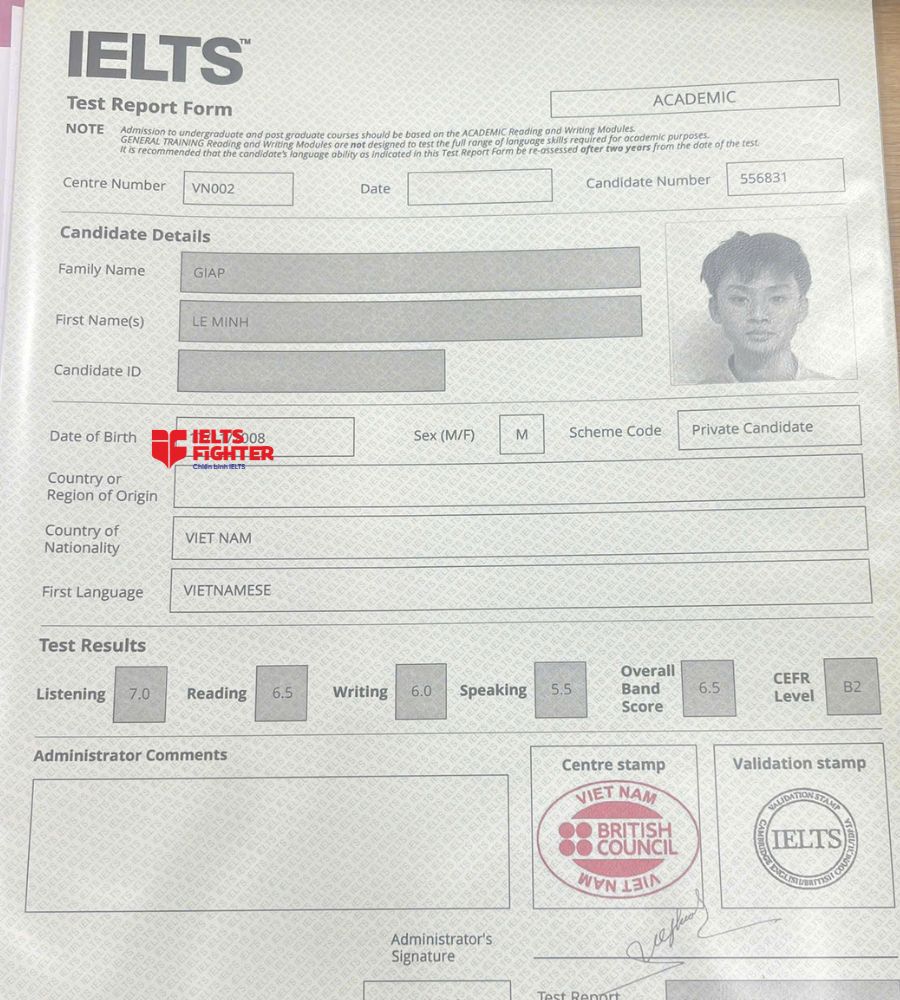 chứng chỉ Gi&aacute;p L&ecirc; Minh  6.5 IELTS