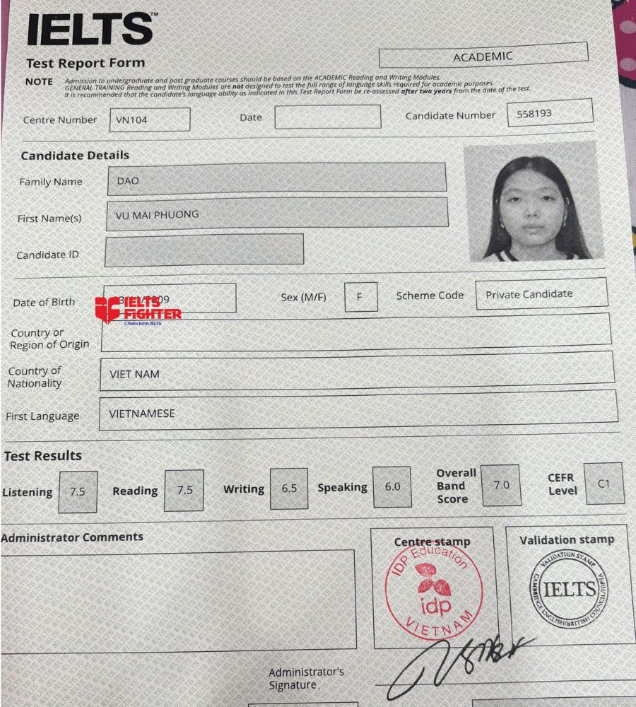 chứng chỉ Đ&agrave;o Vũ Mai Phương  7.0 IELTS