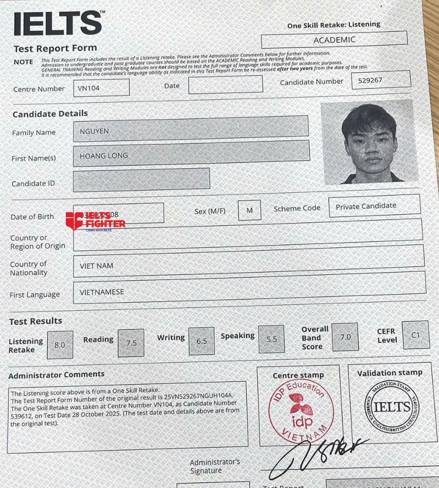 chứng chỉ Nguyễn Ho&agrave;ng Long 7.0 IELTS