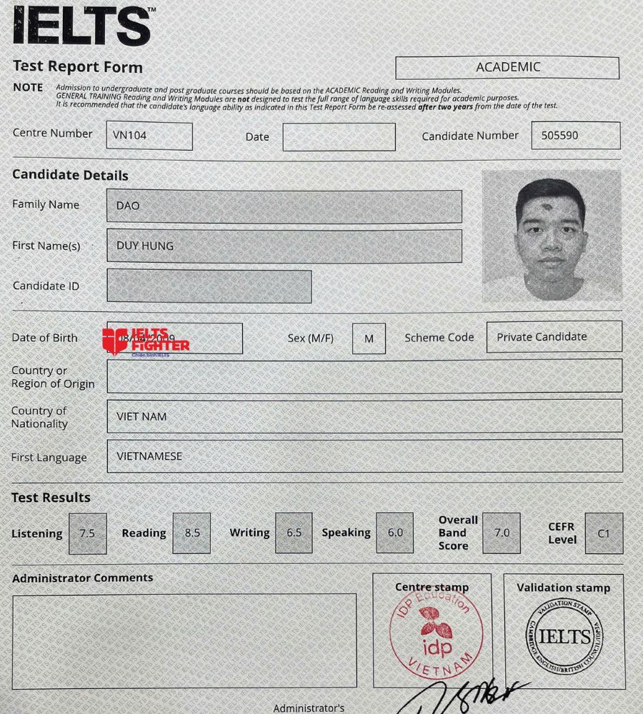 chứng chỉ Đ&agrave;o Duy Hưng 7.0 IELTS