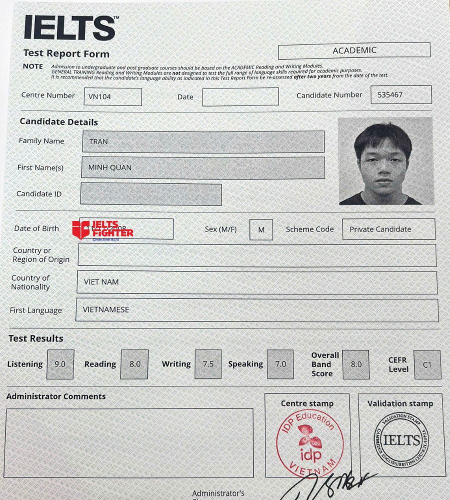 chứng chỉ Trần Minh Quân 8.0 IELTS