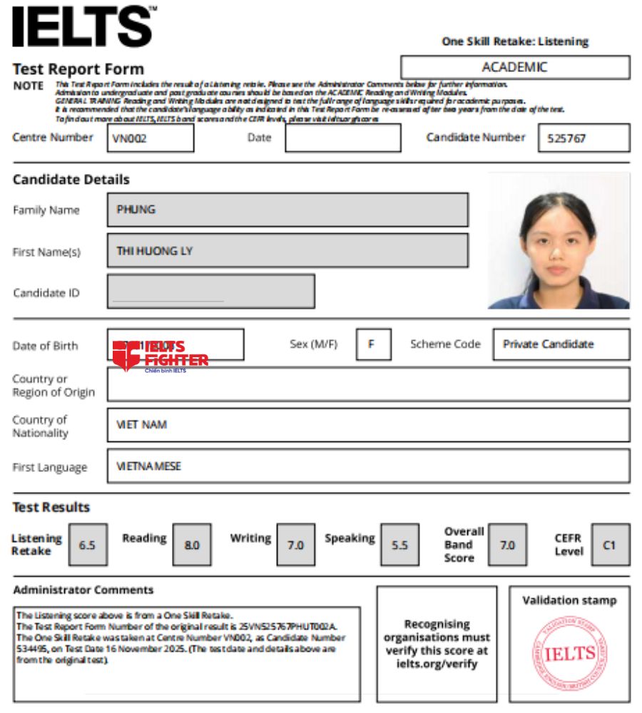 chứng chỉ Ph&ugrave;ng Thị Hương L&yacute; 7.0 IELTS
