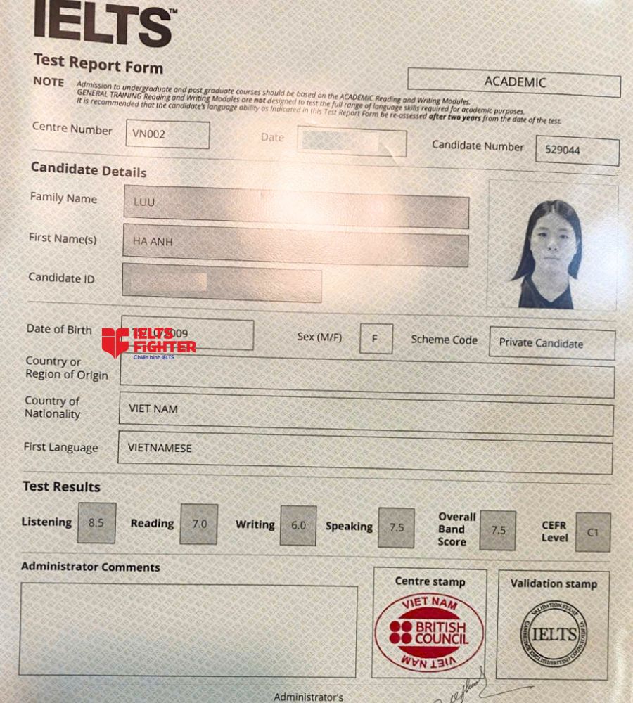 chứng chỉ Lưu H&agrave; Anh   7.5 IELTS