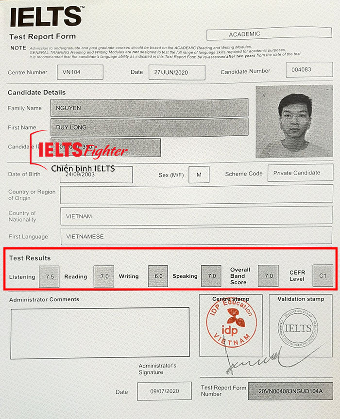 chứng chỉ Nguyễn Duy Long 7.0 IELTS